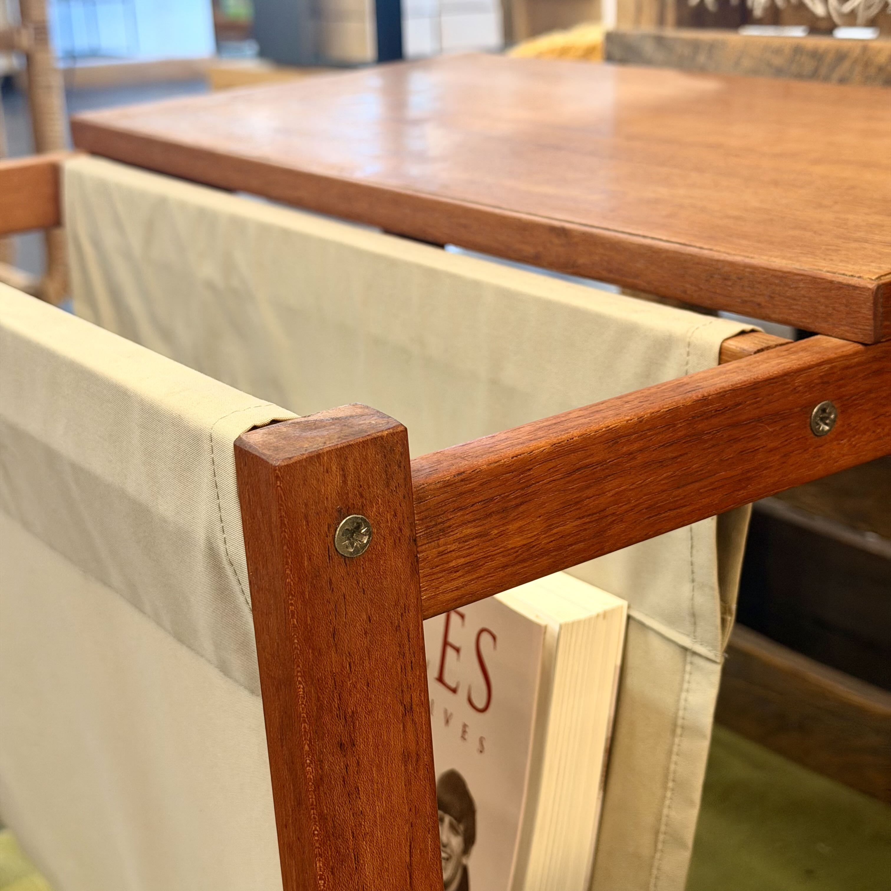 Mid Century Scandinavian Teak Accent Table w/ Canvas Magazine Holder