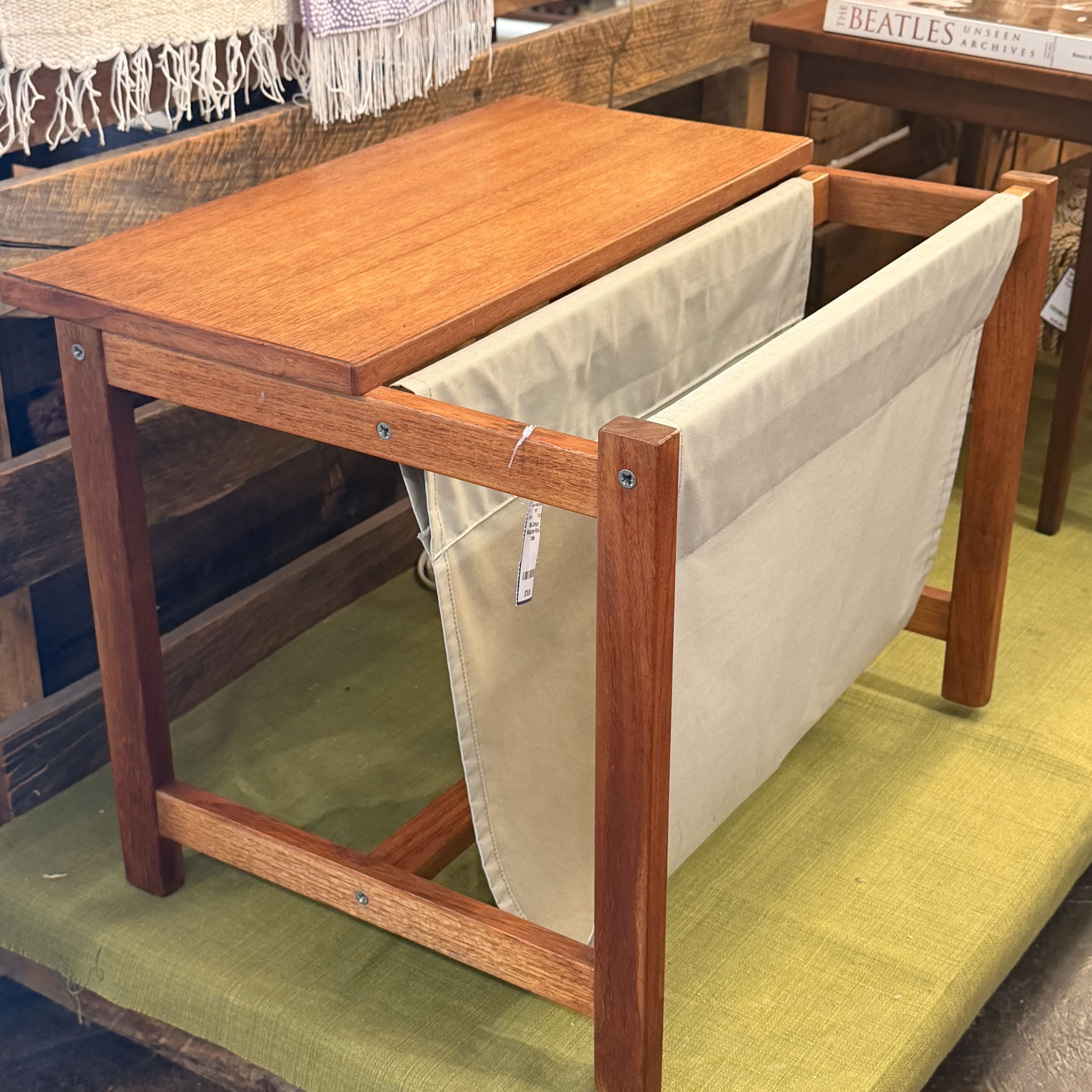 Mid Century Scandinavian Teak Accent Table w/ Canvas Magazine Holder