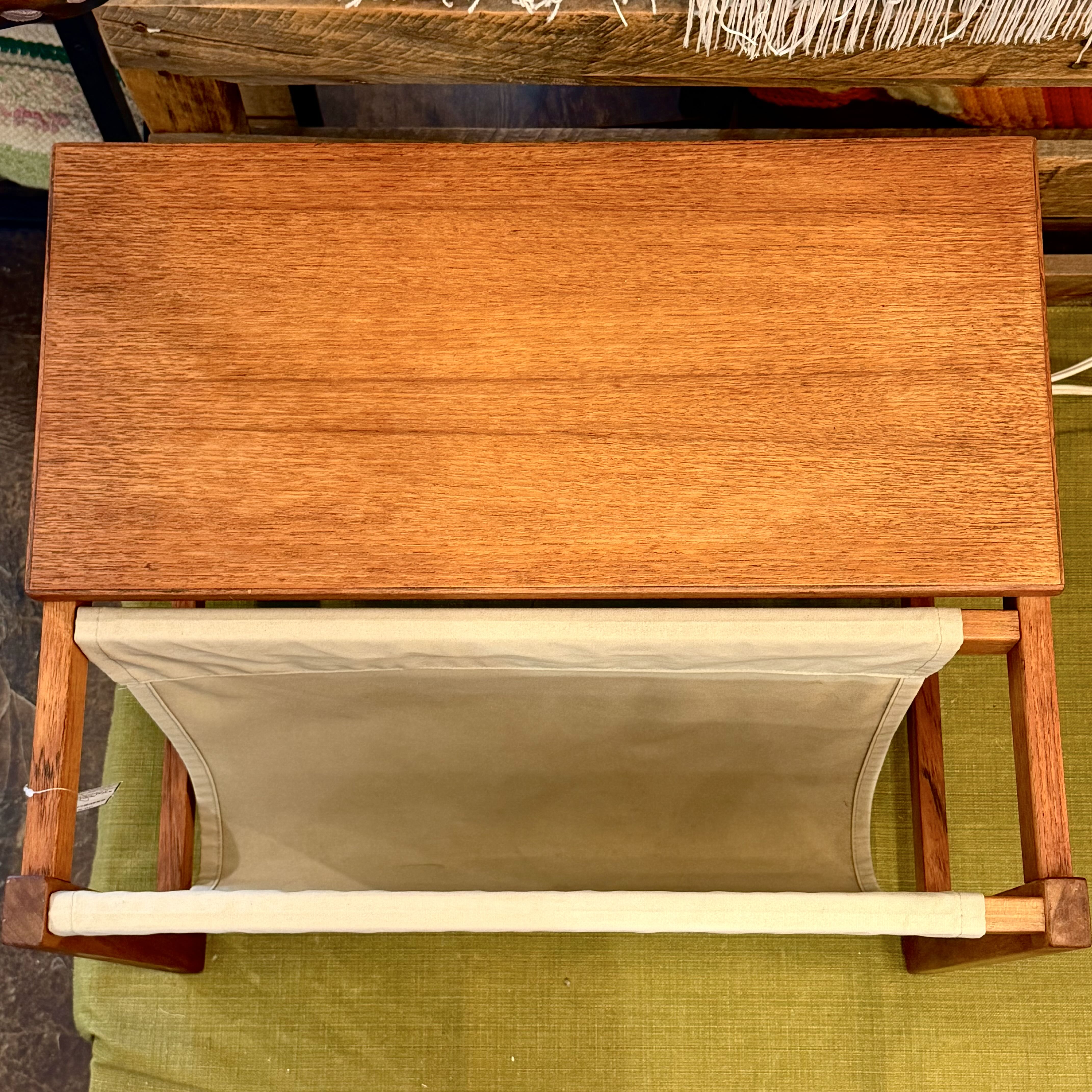 Mid Century Scandinavian Teak Accent Table w/ Canvas Magazine Holder
