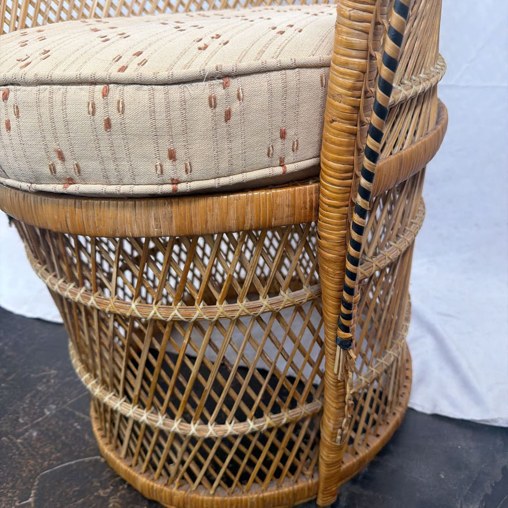Close-up of a rattan or wicker chair seat and back cushion with a beige fabric pattern and small brown dotted accents, set against a light backdrop.