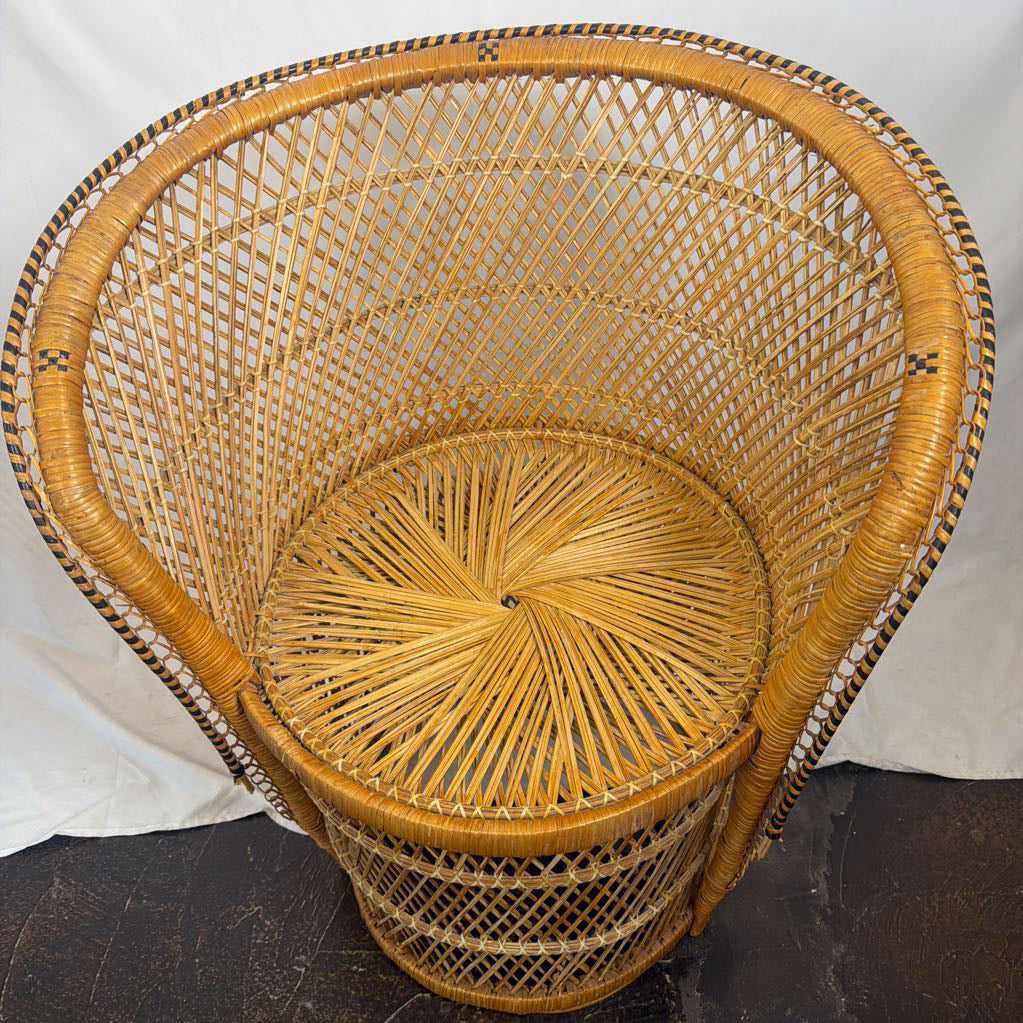 A natural woven rattan peacock chair with a high rounded backrest and integrated seat, photographed against a white draped backdrop.