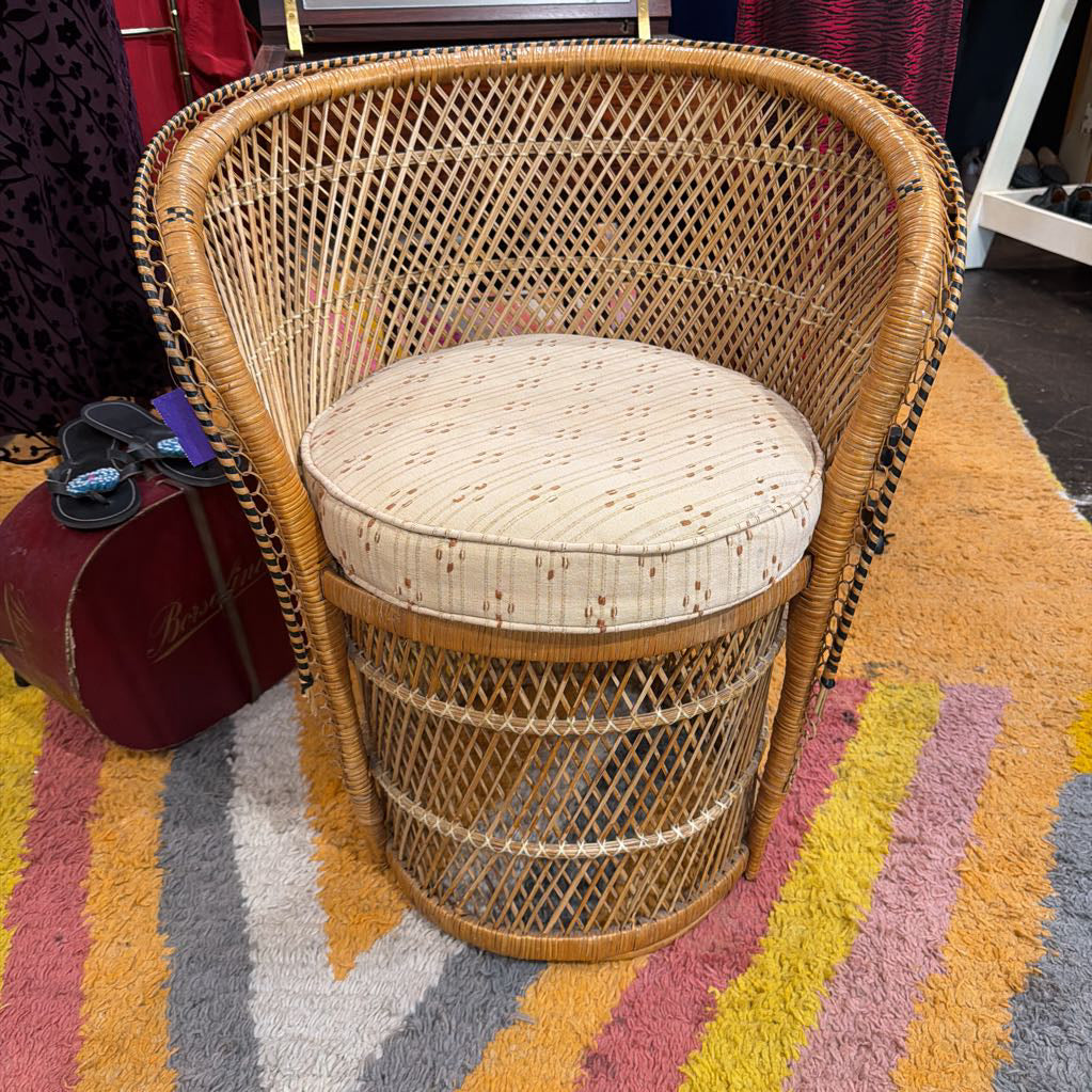 A tall woven rattan accent chair with a curved back and a round cushioned seat, placed on a colorful striped rug in a shop setting.