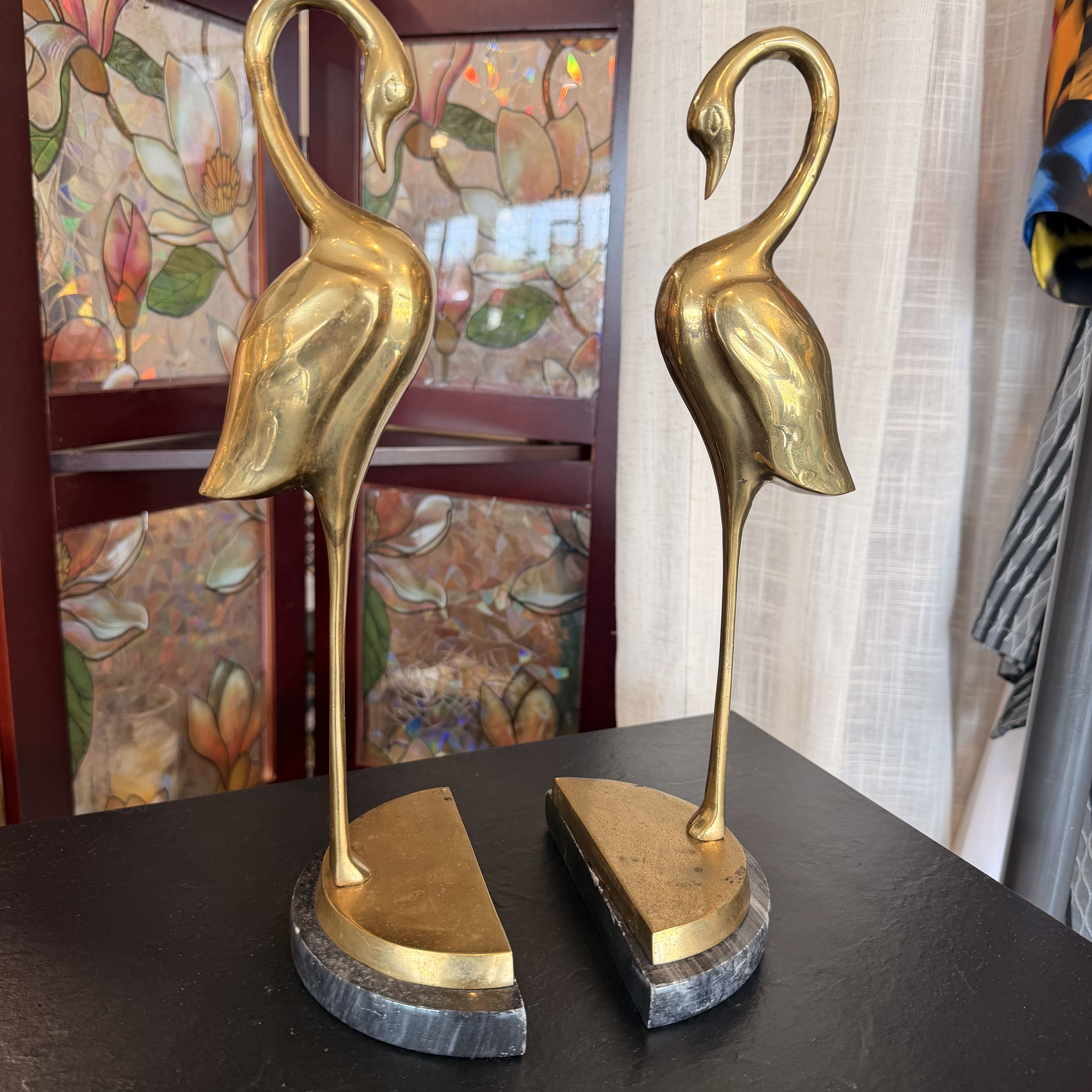 Vintage Brass and Marble Base Swan/Crane Book Ends