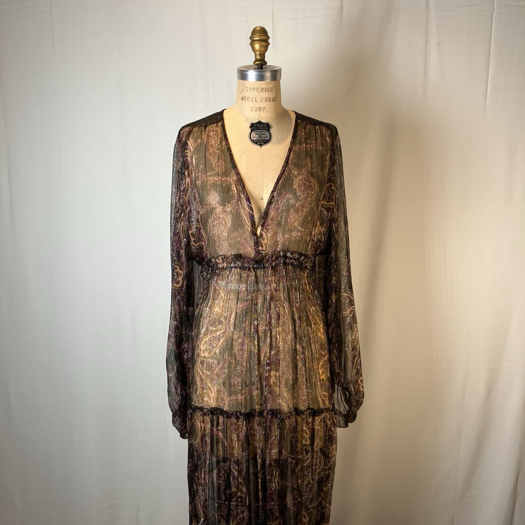 Sheer Boho Maxi Brown Metallic Thread Dress