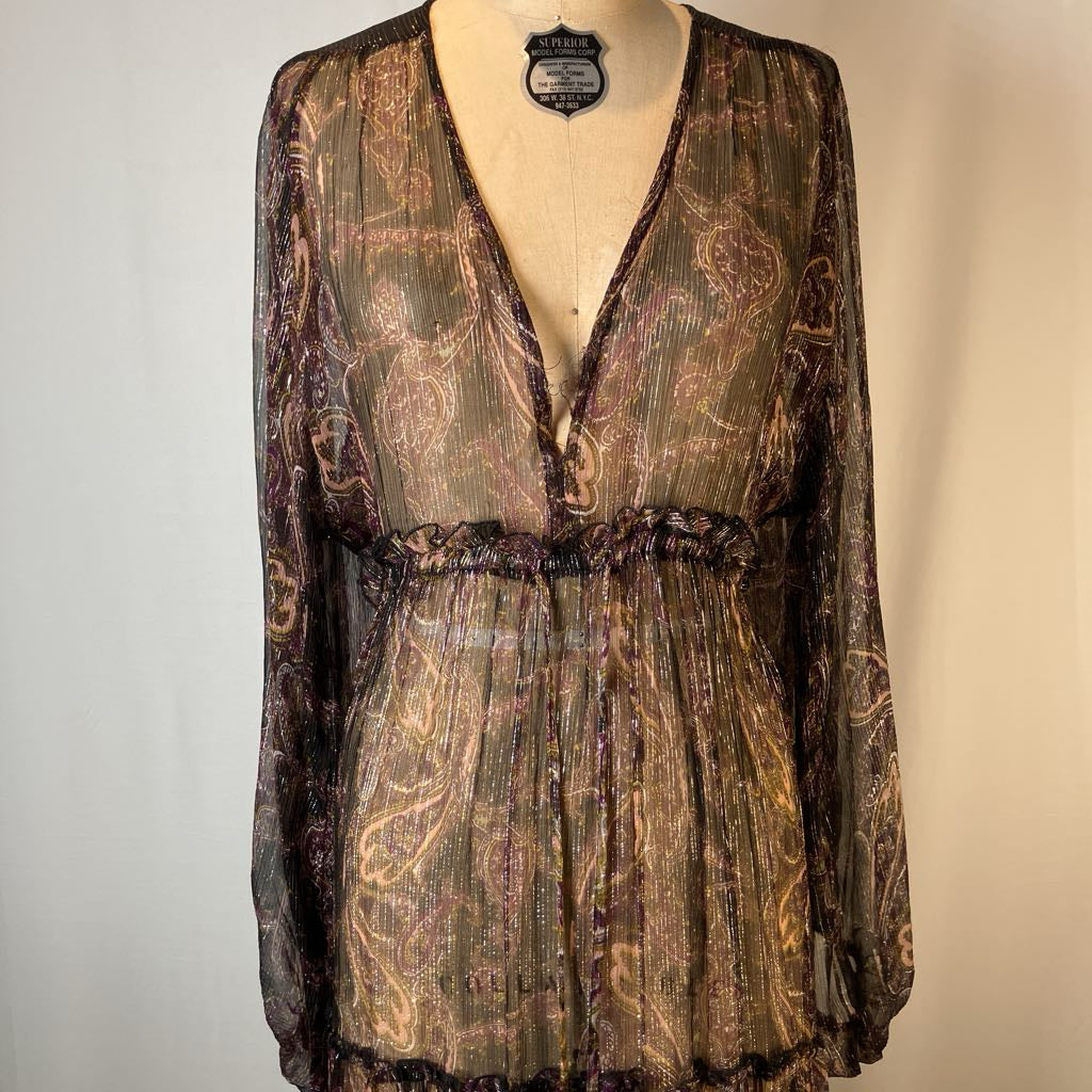 Sheer Boho Maxi Brown Metallic Thread Dress