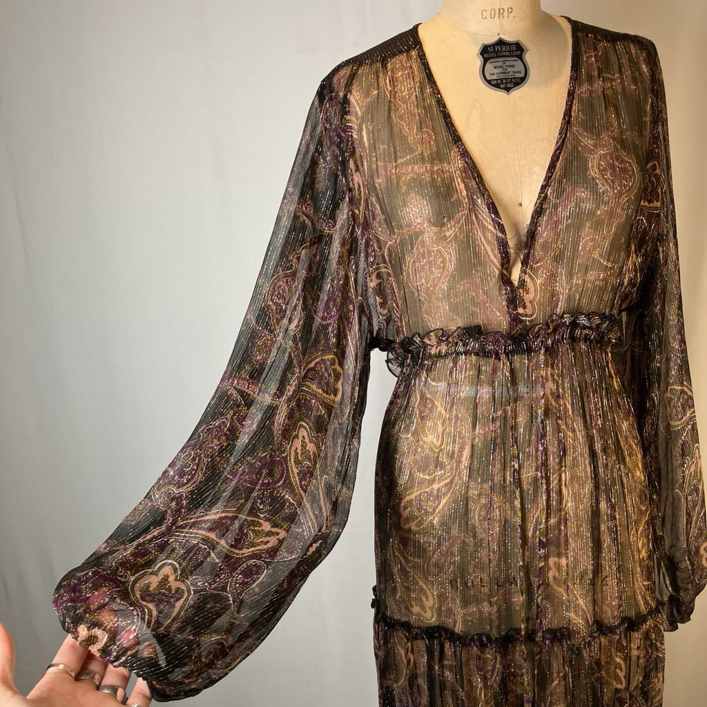 Sheer Boho Maxi Brown Metallic Thread Dress