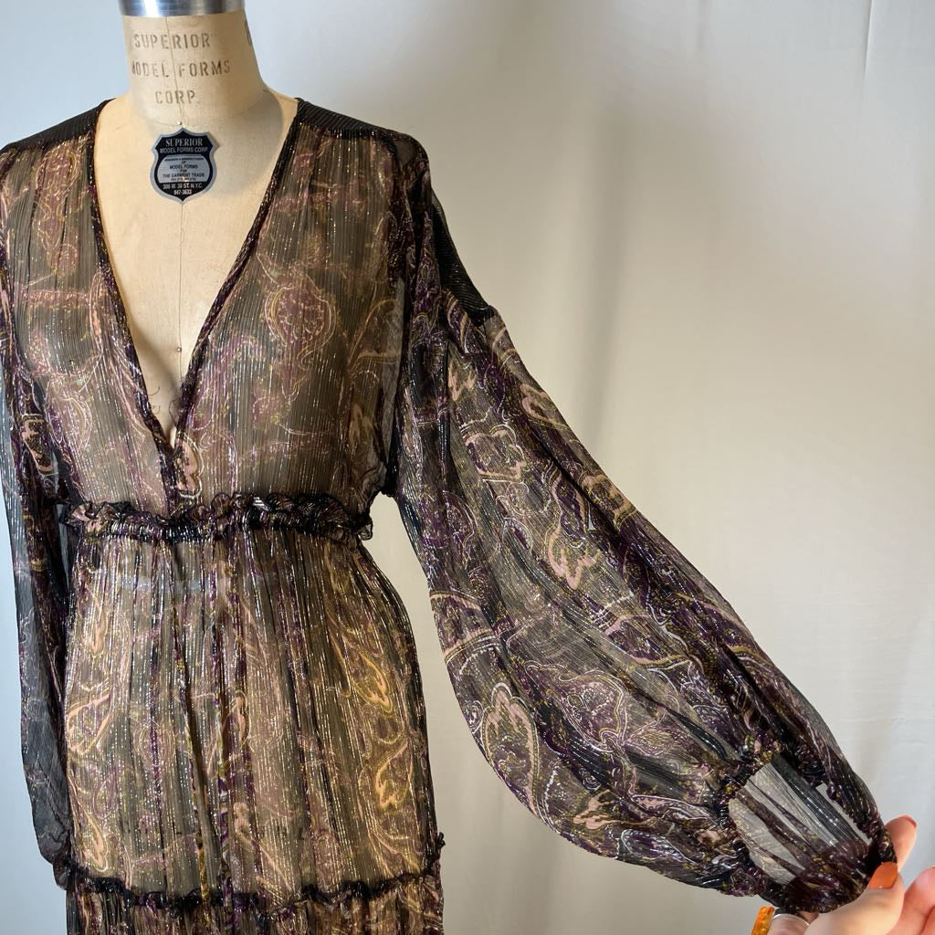 Sheer Boho Maxi Brown Metallic Thread Dress