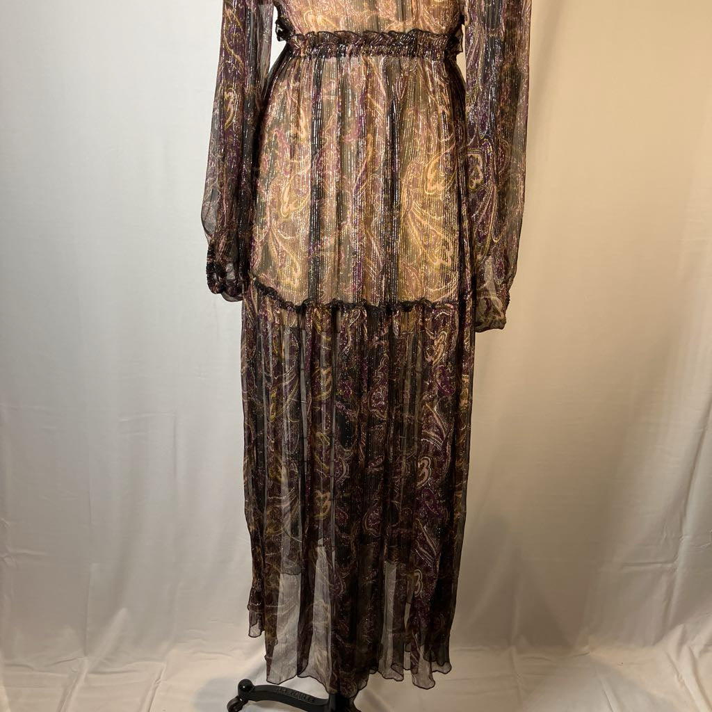 Sheer Boho Maxi Brown Metallic Thread Dress