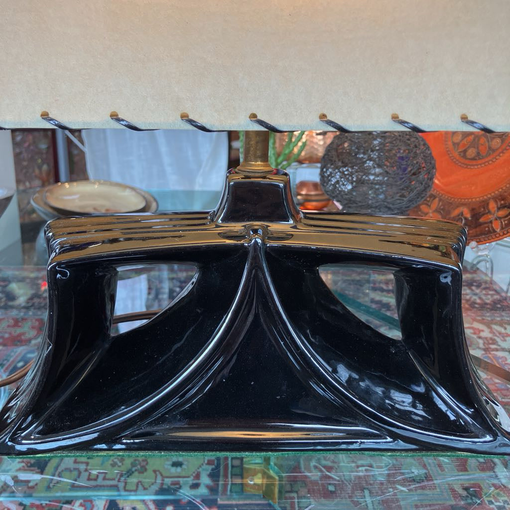 1950s Atomic Black Ceramic Bow Tie Lamp w. Original Laced Fiberglass Shade (As Is)