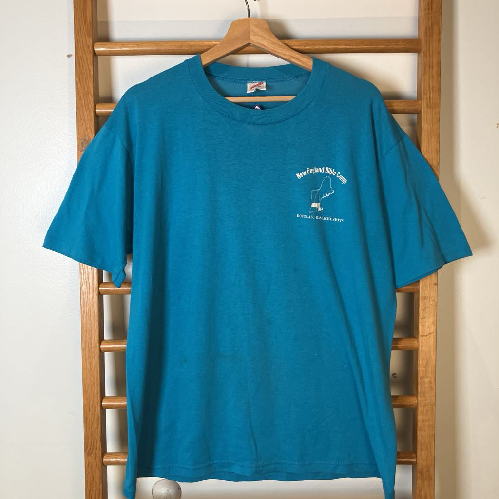 A teal blue short-sleeve t-shirt hanging on a wooden hanger from a wooden ladder rack. The shirt features a small white graphic on the left chest depicting the outline of New York State with the text 'New York State Historic Sites' and 'Syracuse, New York 13980'.