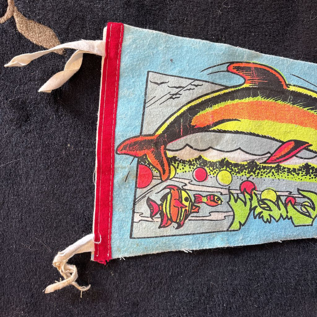 A colorful pennant flag for "Marineland" with the image of a dolphin and some fish. This flag is on a black floral rug.