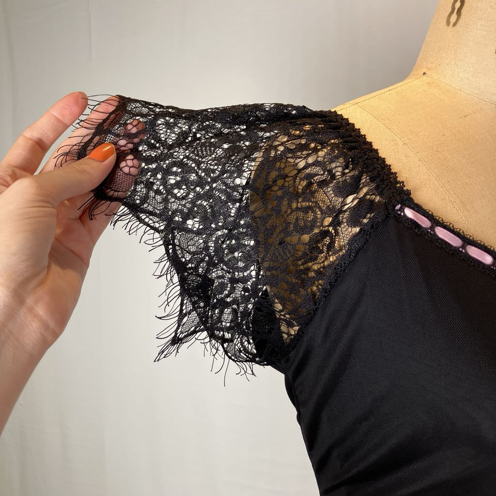 Black and Pink Lace and Bow Detail Top