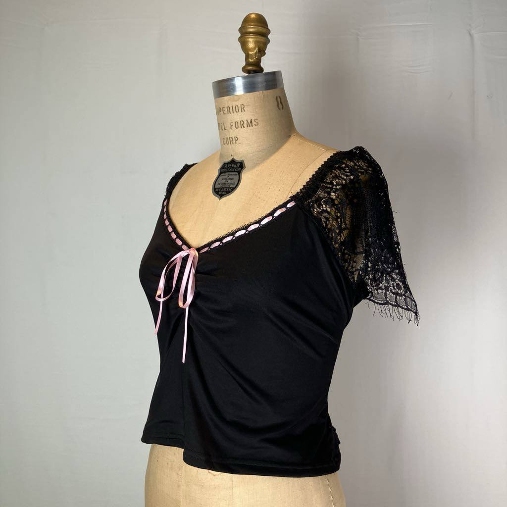 Black and Pink Lace and Bow Detail Top