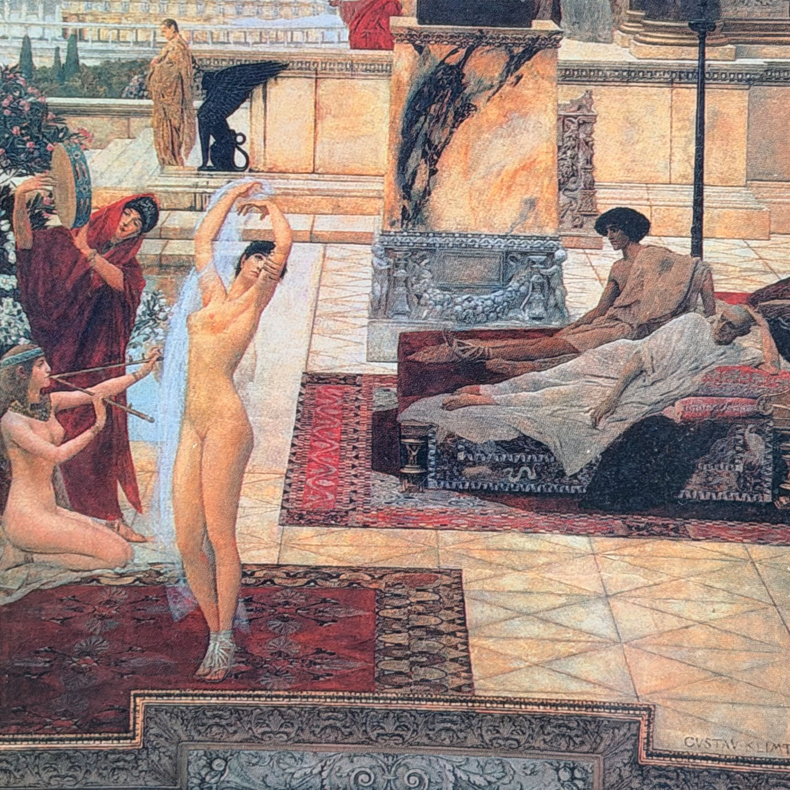 A classical painting depicting a luxurious interior scene with several nude and partially nude figures in draped garments, seated on ornate couches over patterned rugs, with a marble fireplace and architectural details in the background.