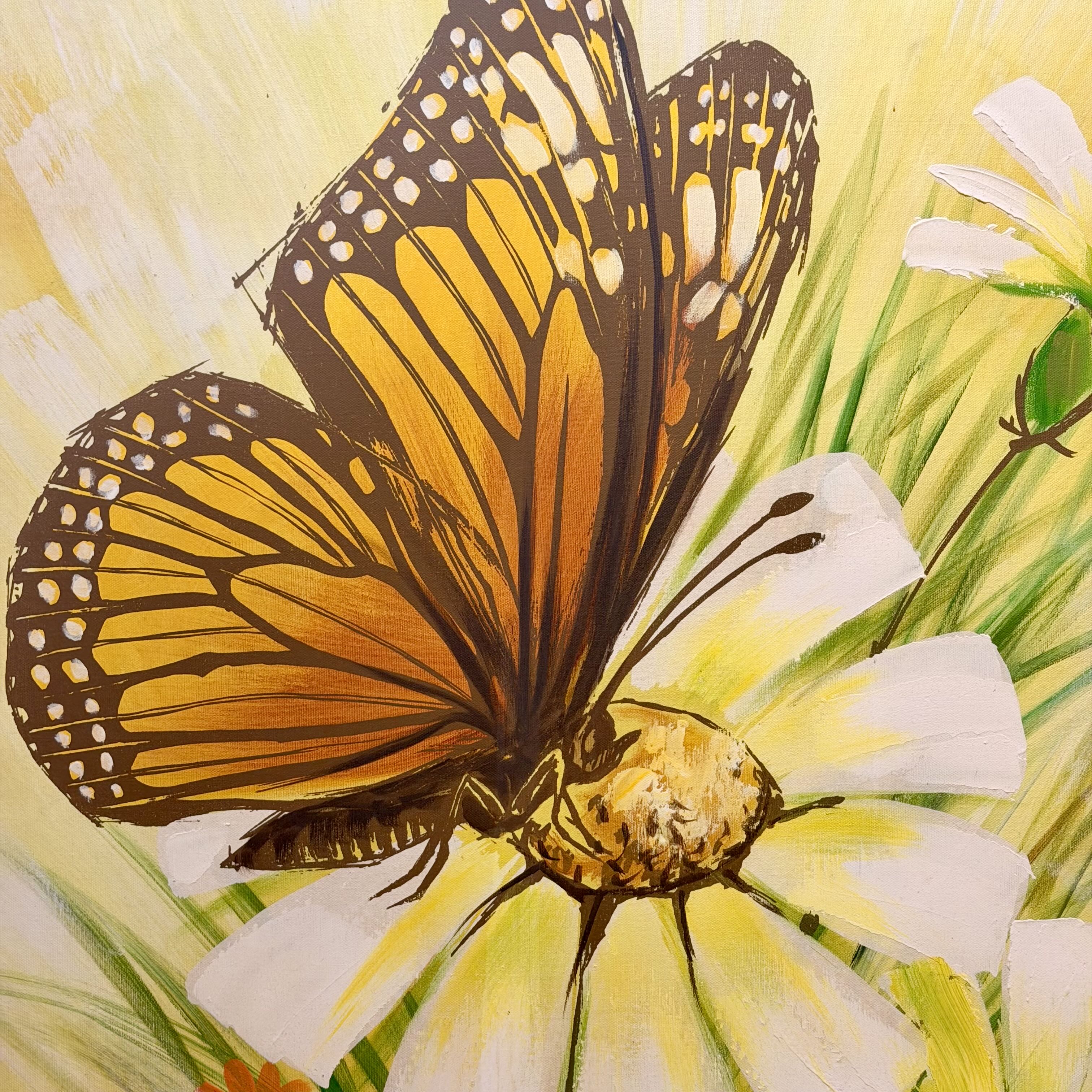 A close-up painted scene of a monarch butterfly resting on a white flower with yellow center and green stems, rendered in warm orange, yellow, brown, white, and green tones.