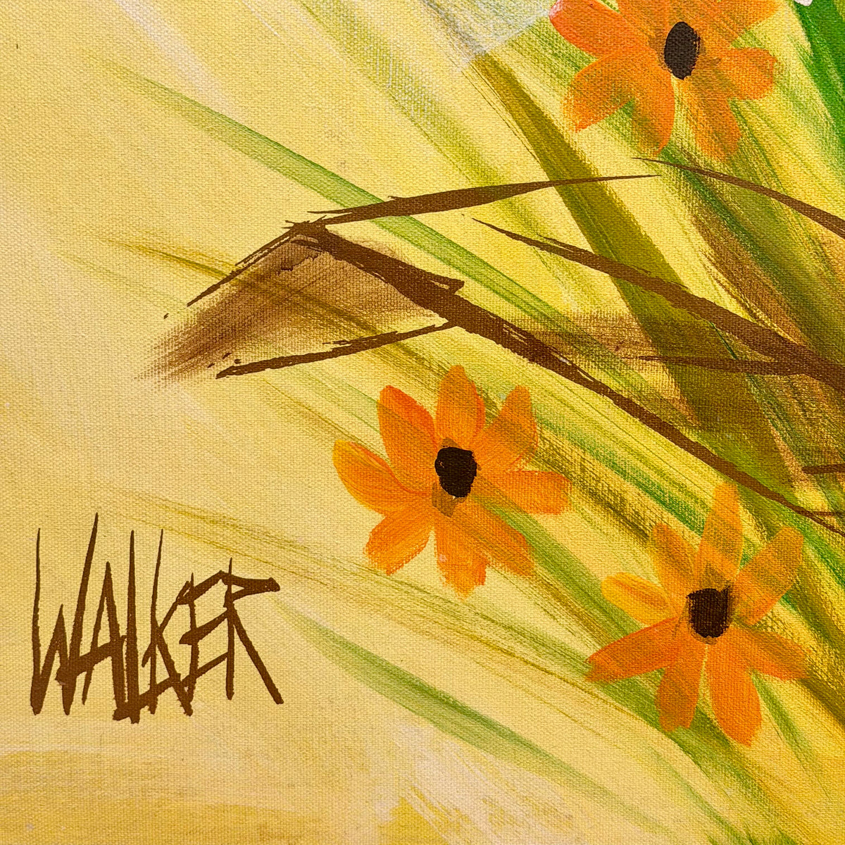 A close-up of a painted floral artwork showing three orange flowers with dark centers, green and brown leaves, and a warm yellow background. The word 'WALKER' appears in brown script in the lower left, likely an artist signature.