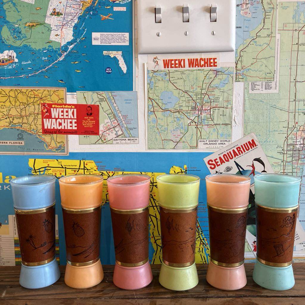 Six vintage tumblers with brown printed wraparound designs and pastel-colored bases are lined up on a wooden surface in front of a collage of maps and signs, including 'Weeki Wachee' and 'Seaquarium'.
