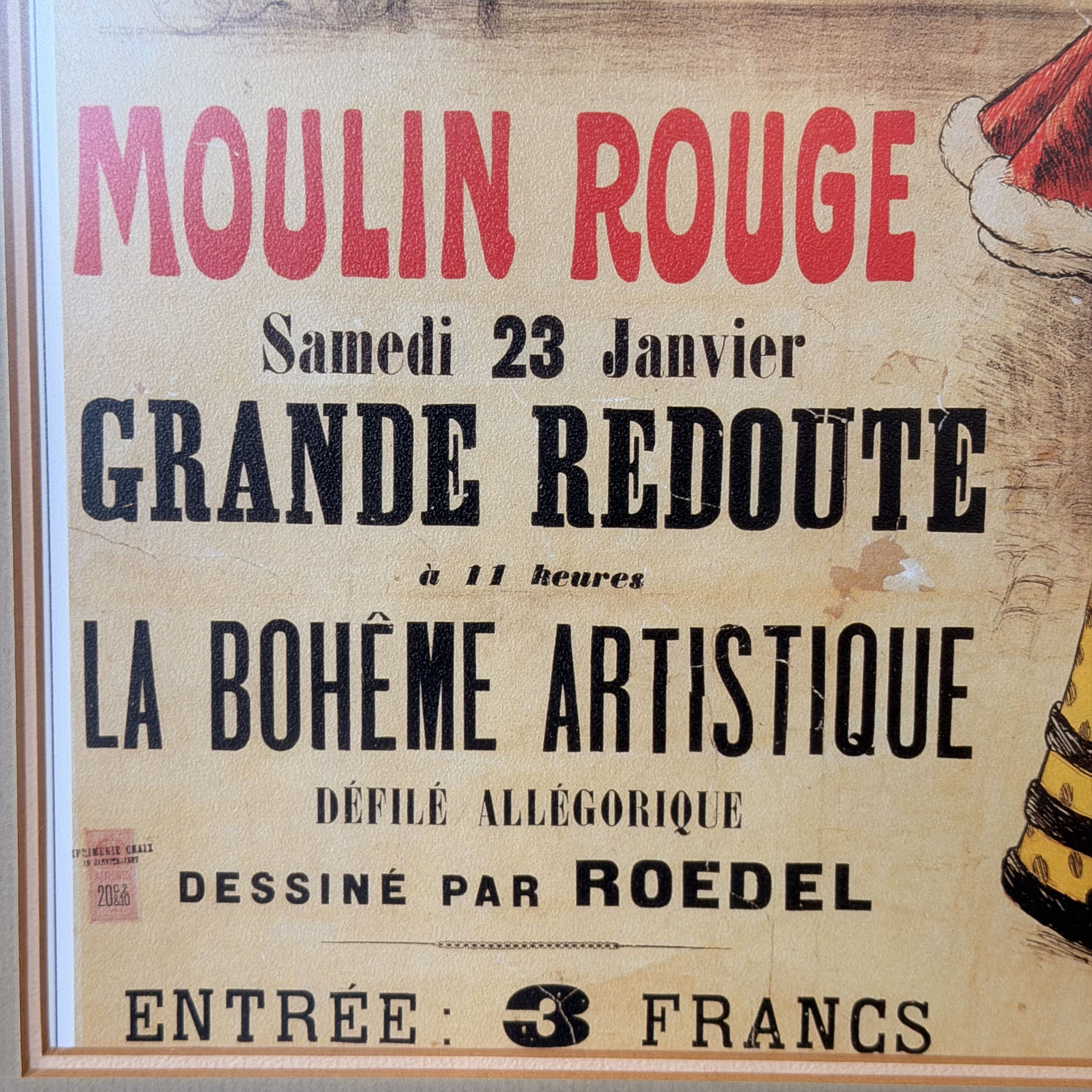 Vintage-style poster artwork for 'Moulin Rouge' with large red and black text on a tan background, including the phrase 'Grande Redoute' and 'La Bohème Artistique,' plus an illustration of a red hat and yellow-and-black striped figure at the edges.