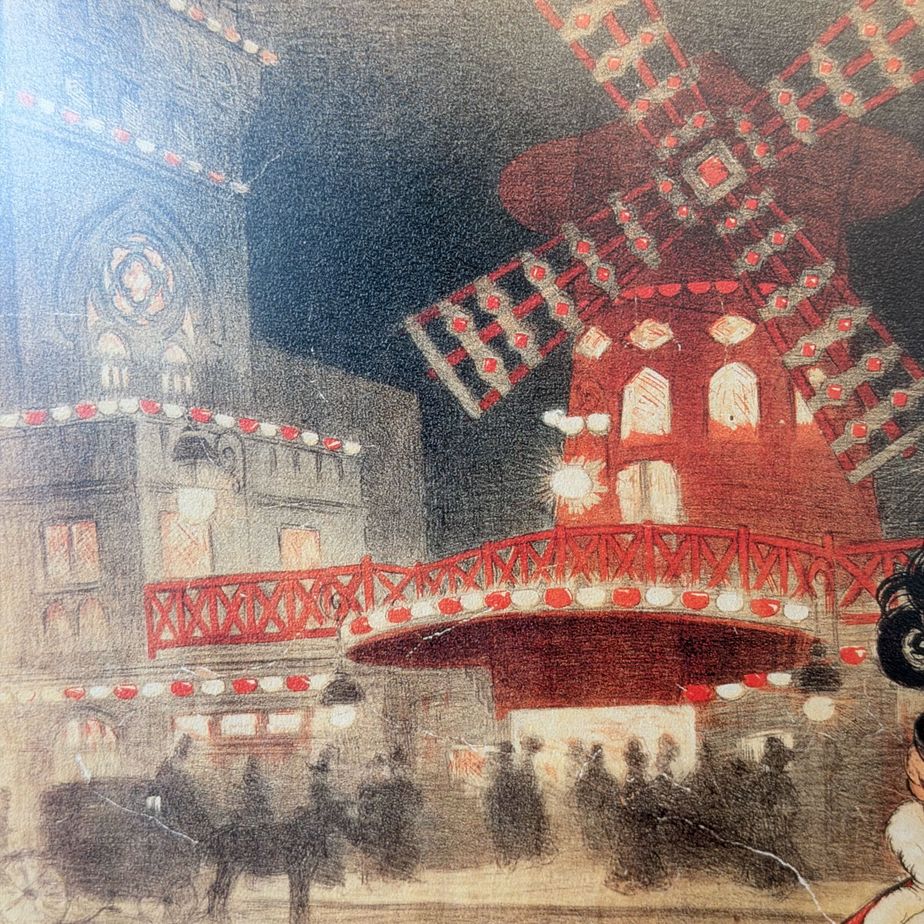 A vintage-style illustration or print depicting a large red windmill with glowing windows and a red bridge, set against a dark nighttime city scene with silhouetted figures and buildings.