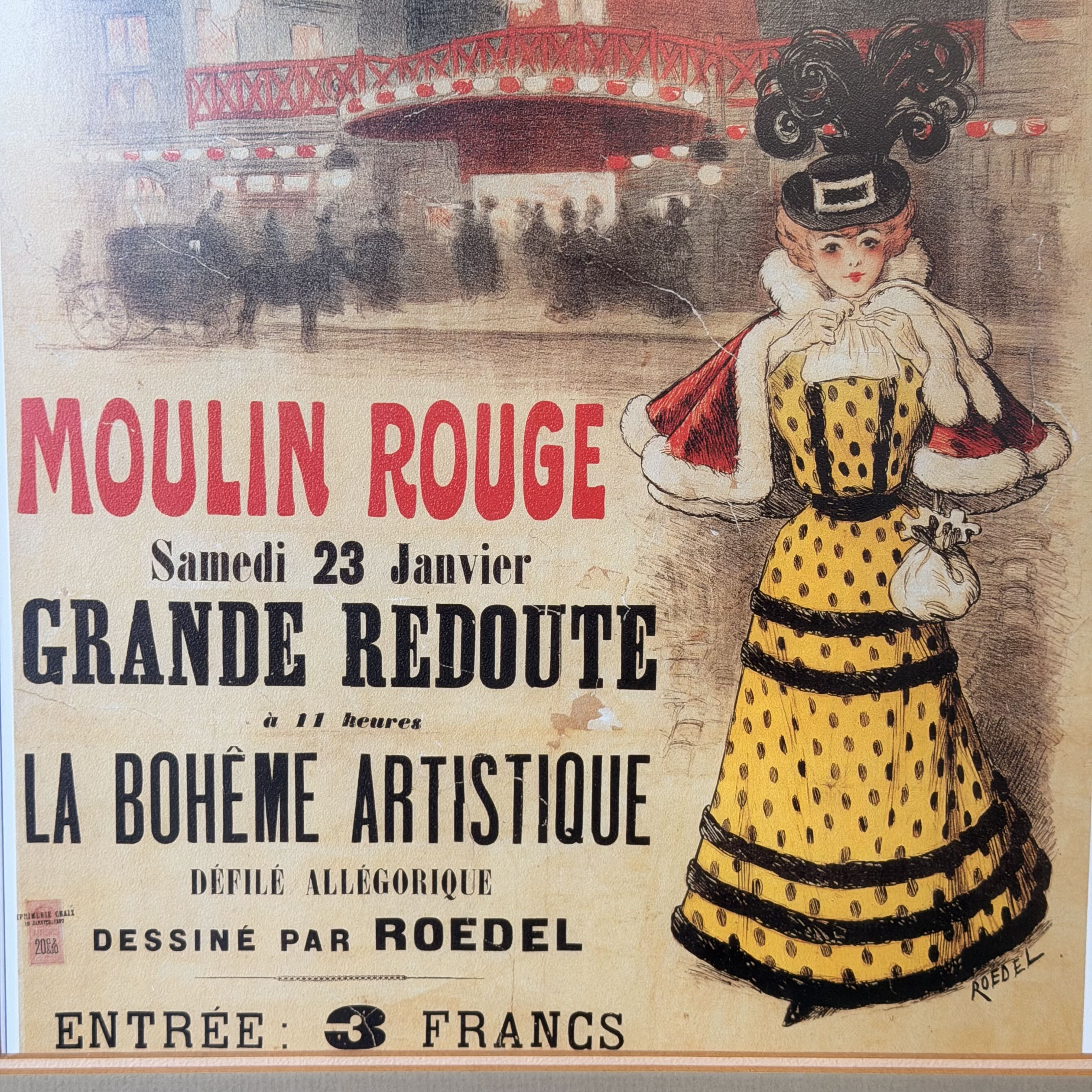 Vintage poster for the Moulin Rouge theatrical venue, featuring a woman in a yellow polka-dot dress with a red cape on the right, and French text advertising 'Grande Redoute' and 'La Bohème Artistique' on an aged beige background.