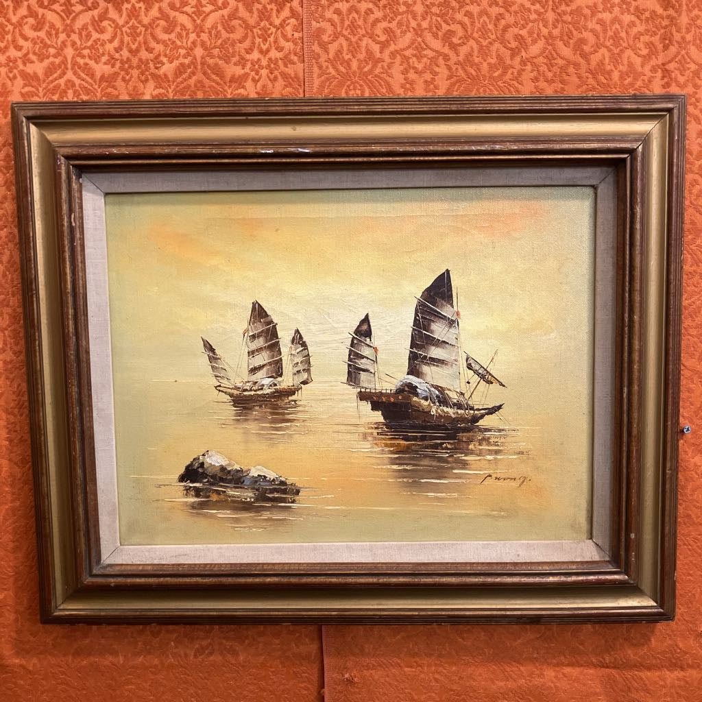 Mid Century Artwork of Chinese Junk Ships Signed P. Wong
