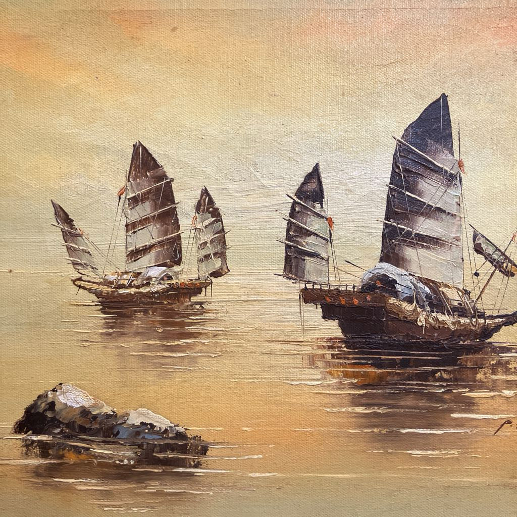 Mid Century Artwork of Chinese Junk Ships Signed P. Wong