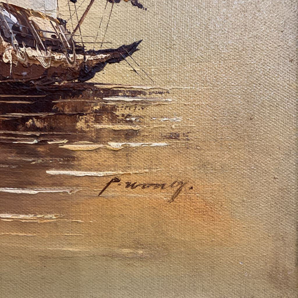 Mid Century Artwork of Chinese Junk Ships Signed P. Wong