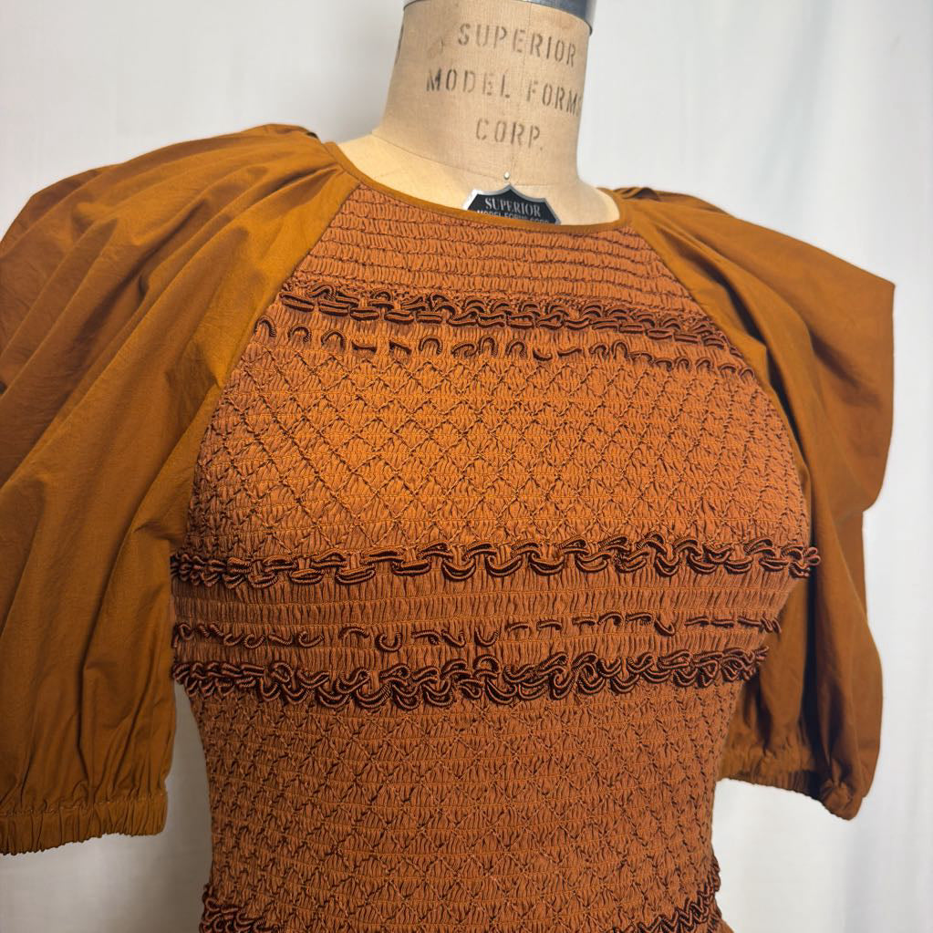 A rust-orange smocked blouse with dramatic puff sleeves, displayed on a vintage mannequin torso against a white background.