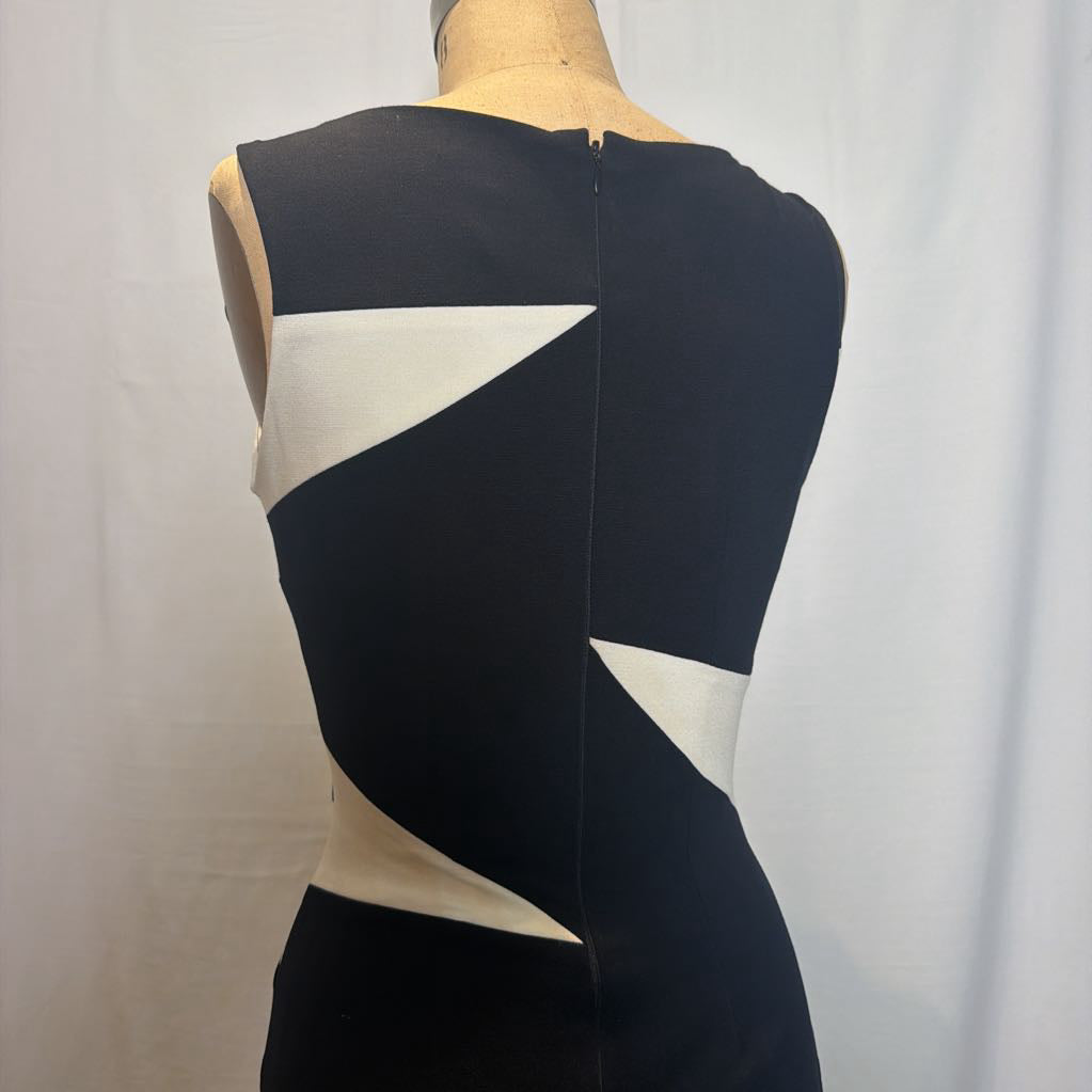 A sleeveless black dress with large cream geometric color-block panels, shown from the back on a dress form against a white fabric backdrop.