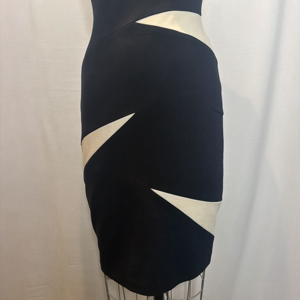 A black pencil skirt with diagonal cream-colored geometric panels, displayed on a dress form against a white fabric backdrop.