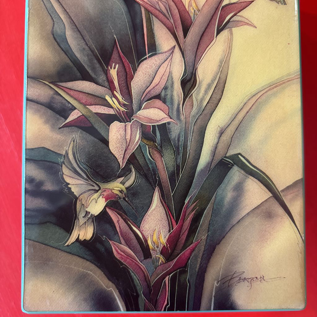 A box featuring a botanical illustration with pink and burgundy flowers, green leaves, and a small hummingbird, photographed against a red background.