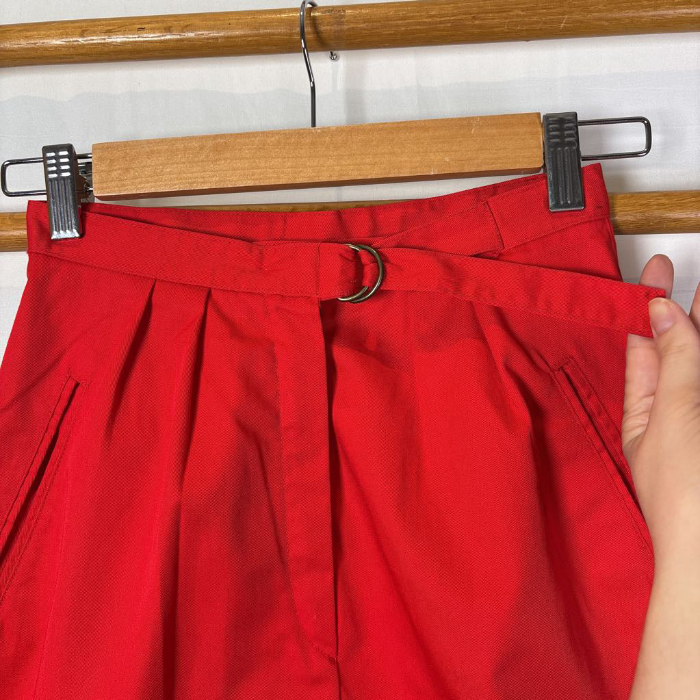 70s Red Poplin Belted Skirt