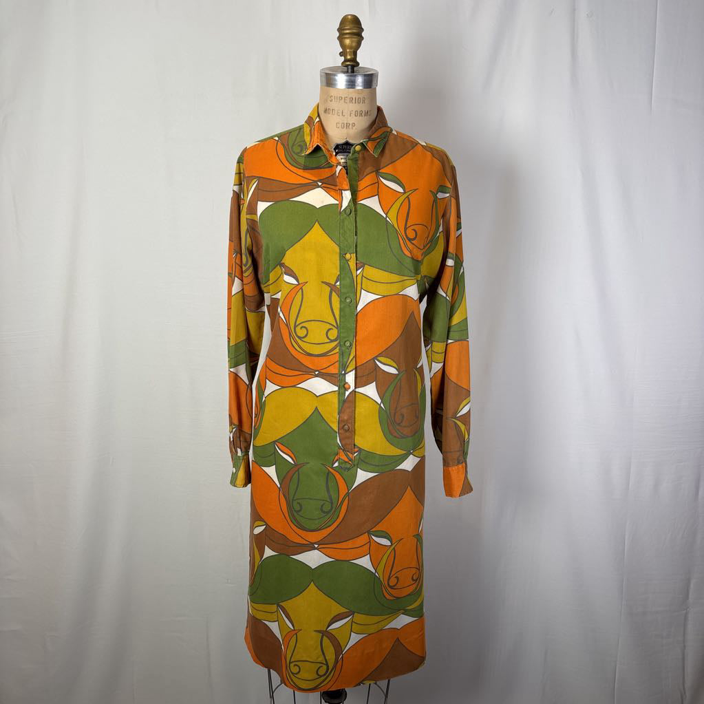 60s Psychedelic Ram Print Shirt Dress