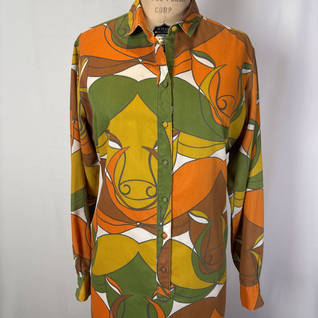 60s Psychedelic Ram Print Shirt Dress