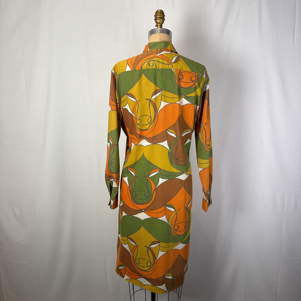 60s Psychedelic Ram Print Shirt Dress