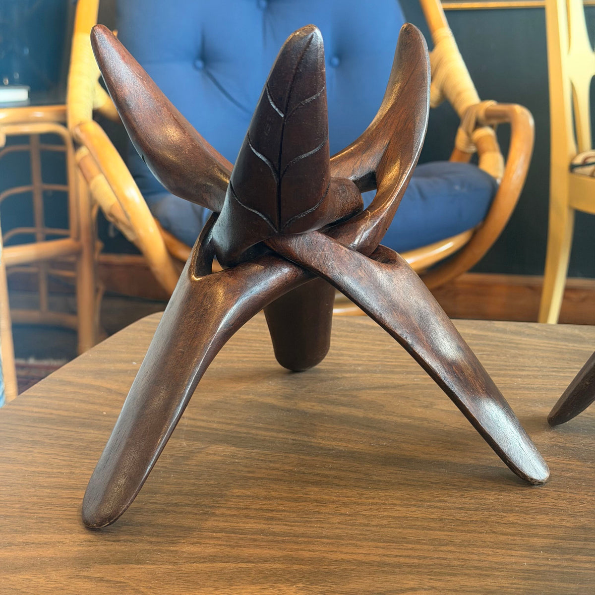 Mid Century Carved Wood Tripod Stand Set (2)