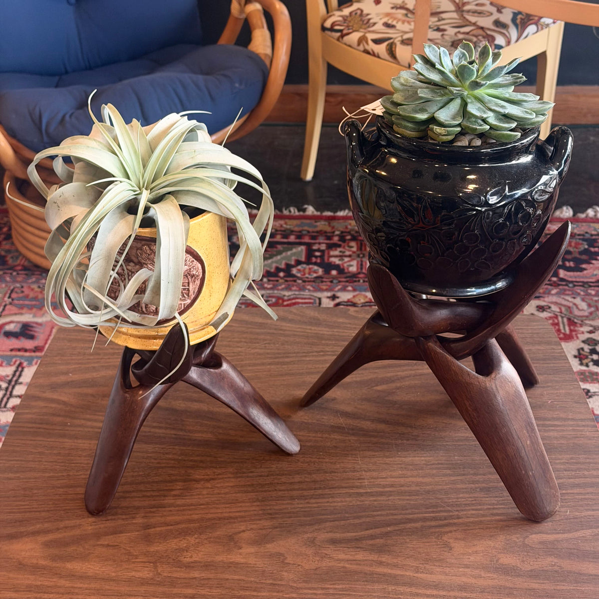 Mid Century Carved Wood Tripod Stand Set (2)