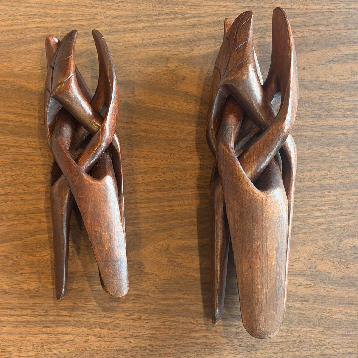 Mid Century Carved Wood Tripod Stand Set (2)