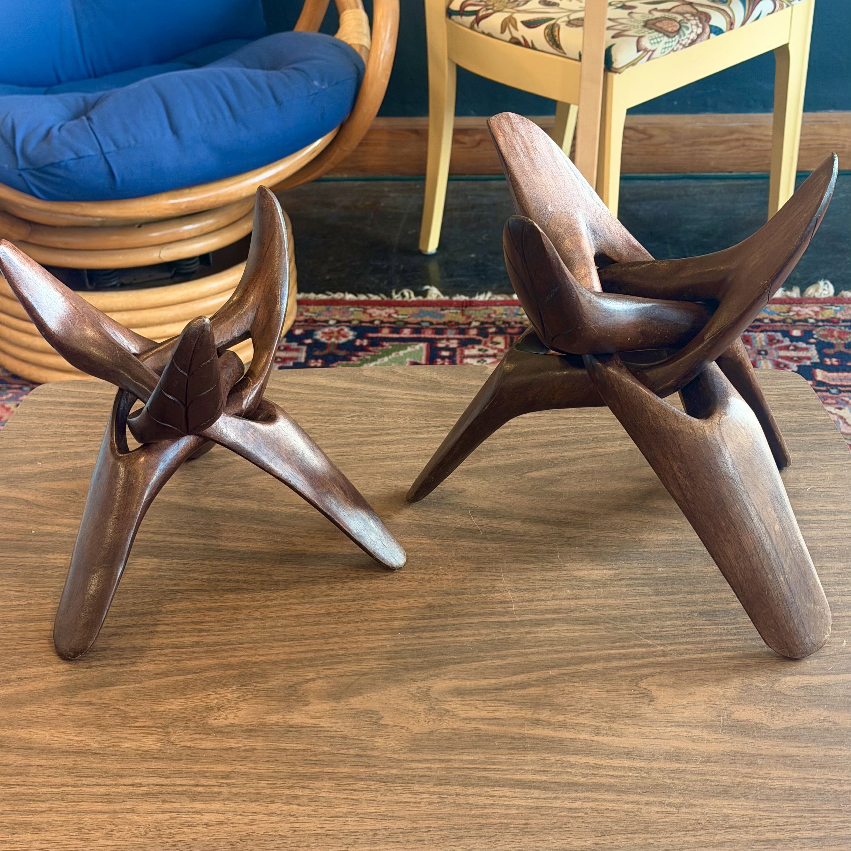 Mid Century Carved Wood Tripod Stand Set (2)