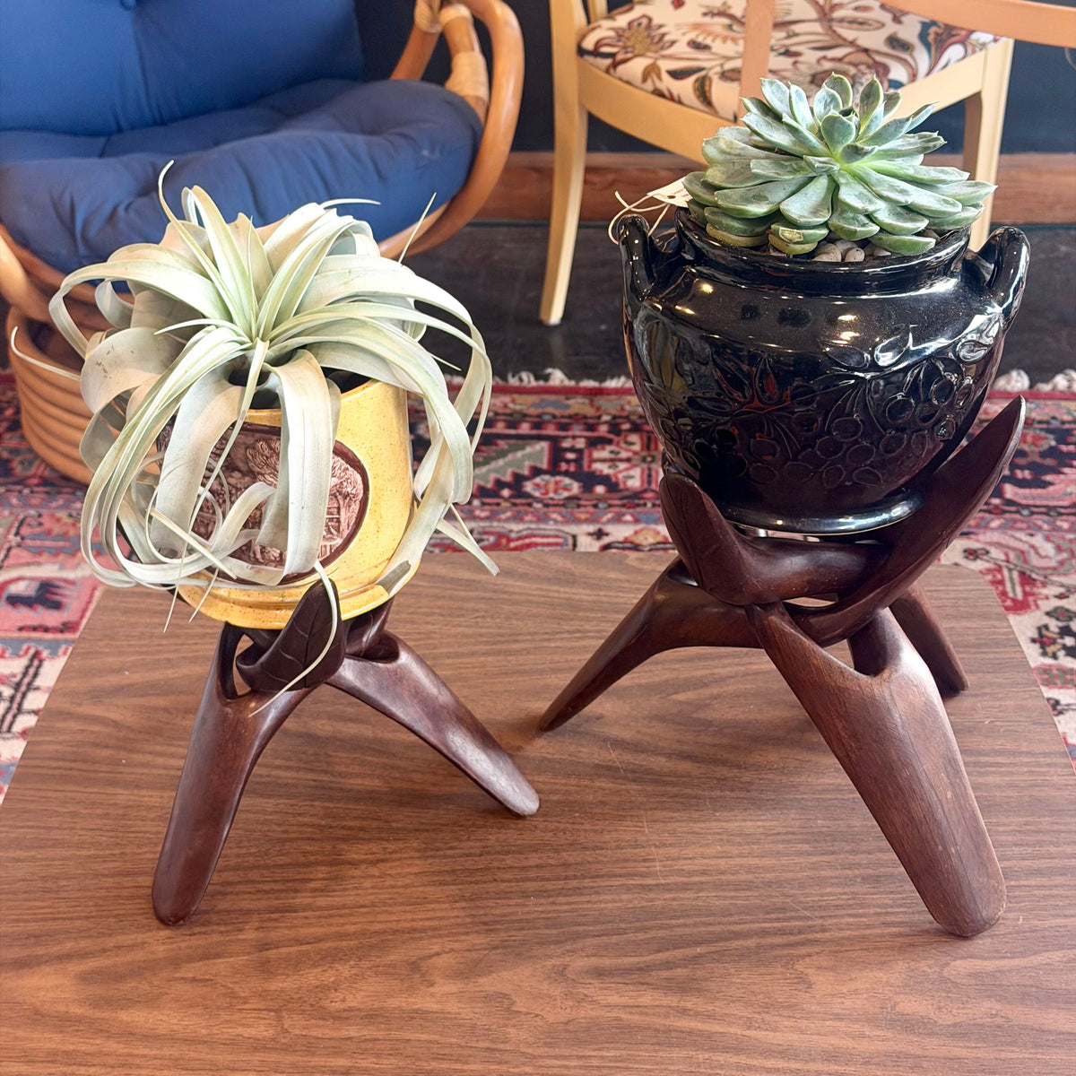 Mid Century Carved Wood Tripod Stand Set (2)