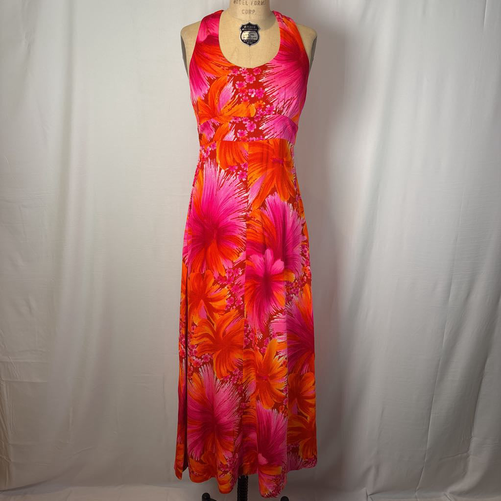 1970s Harriets Hawaiian Barkcloth Halter Maxi Dress