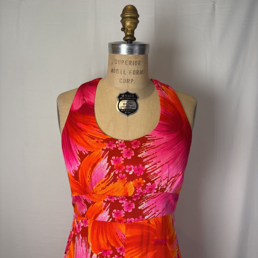 1970s Harriets Hawaiian Barkcloth Halter Maxi Dress