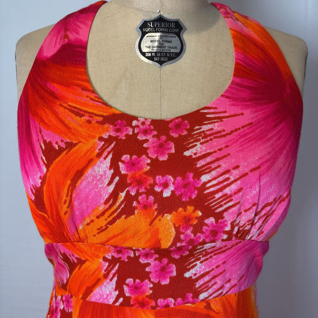 1970s Harriets Hawaiian Barkcloth Halter Maxi Dress