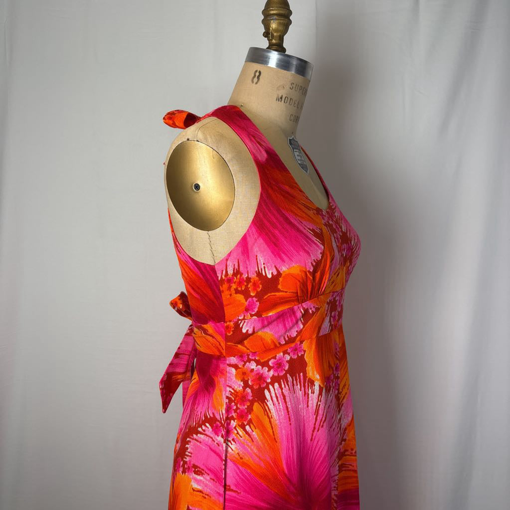 1970s Harriets Hawaiian Barkcloth Halter Maxi Dress