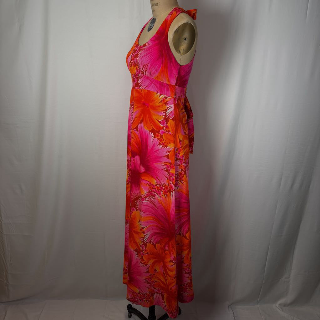1970s Harriets Hawaiian Barkcloth Halter Maxi Dress