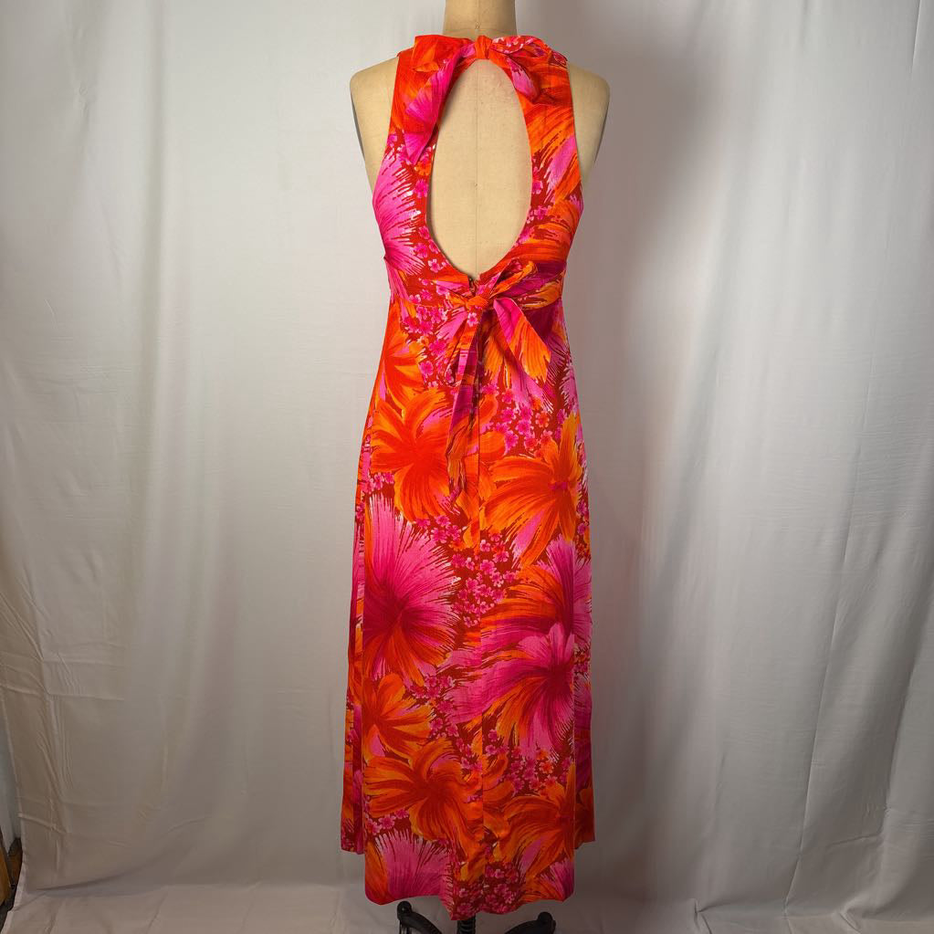 1970s Harriets Hawaiian Barkcloth Halter Maxi Dress