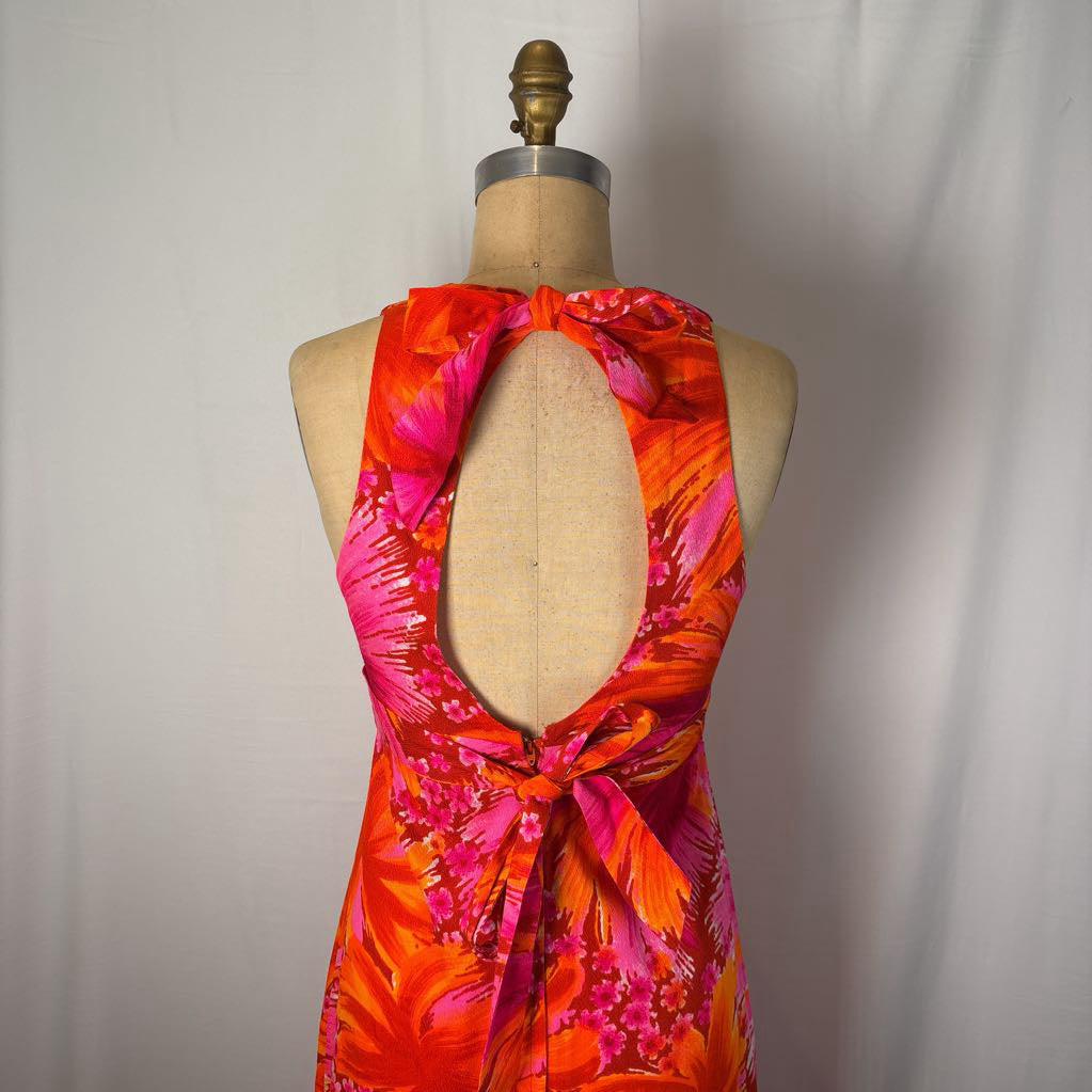 1970s Harriets Hawaiian Barkcloth Halter Maxi Dress