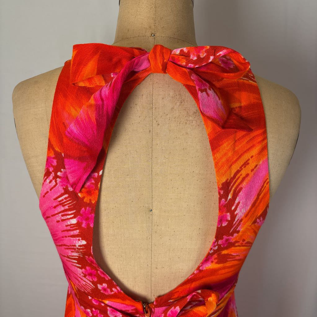 1970s Harriets Hawaiian Barkcloth Halter Maxi Dress