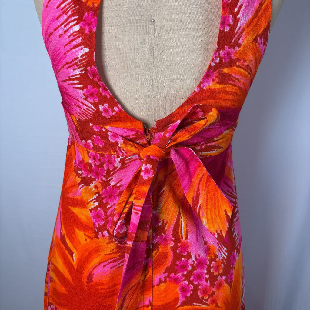 1970s Harriets Hawaiian Barkcloth Halter Maxi Dress