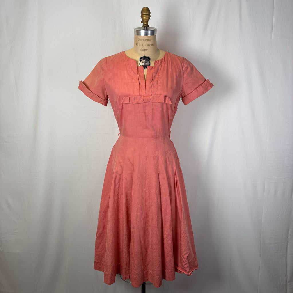 1960 Handmade Peach Dress w/ Front Bow & Pleated Skirt